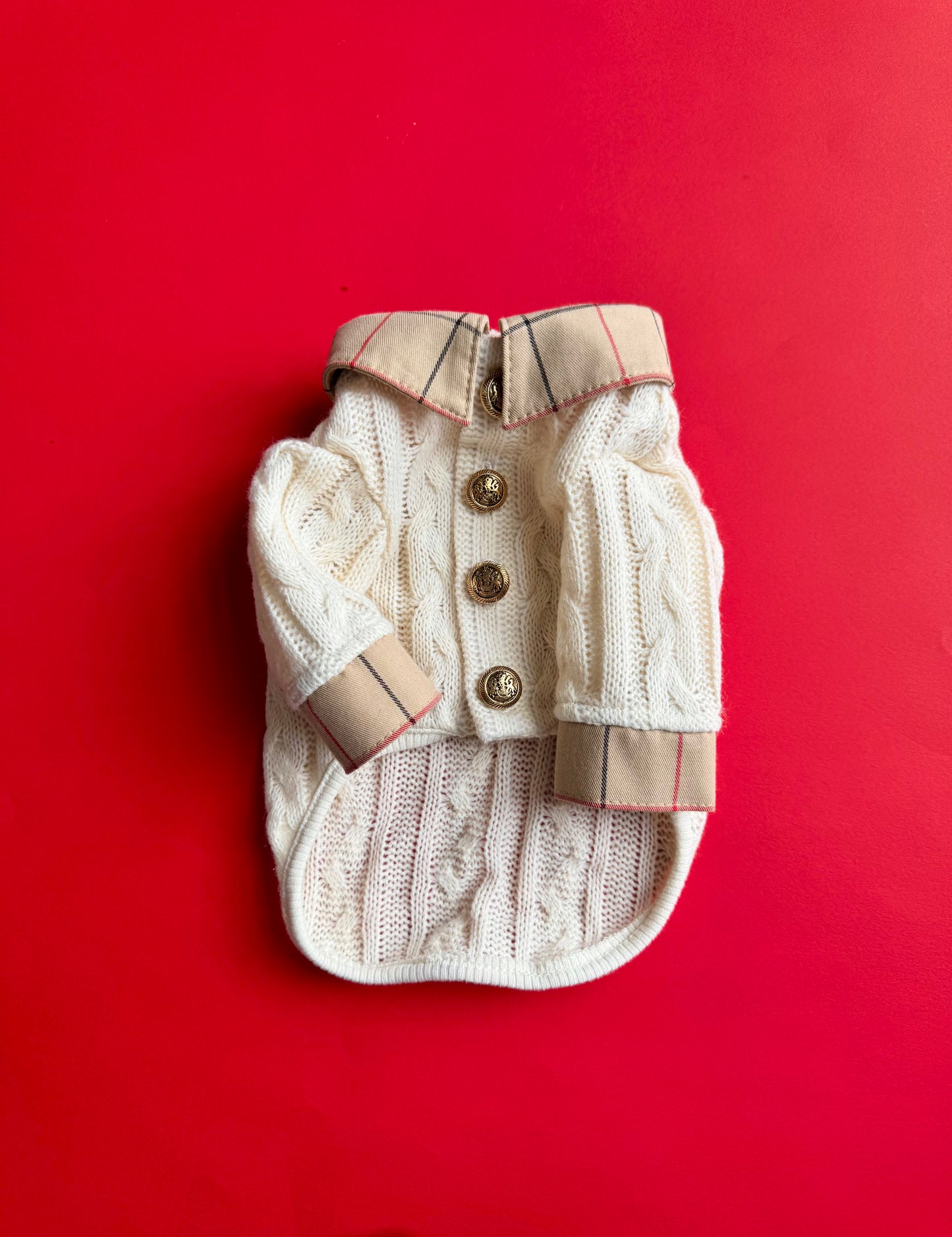 2 in 1 Handmade Cable Knit Dog Sweater with Plaid Collar