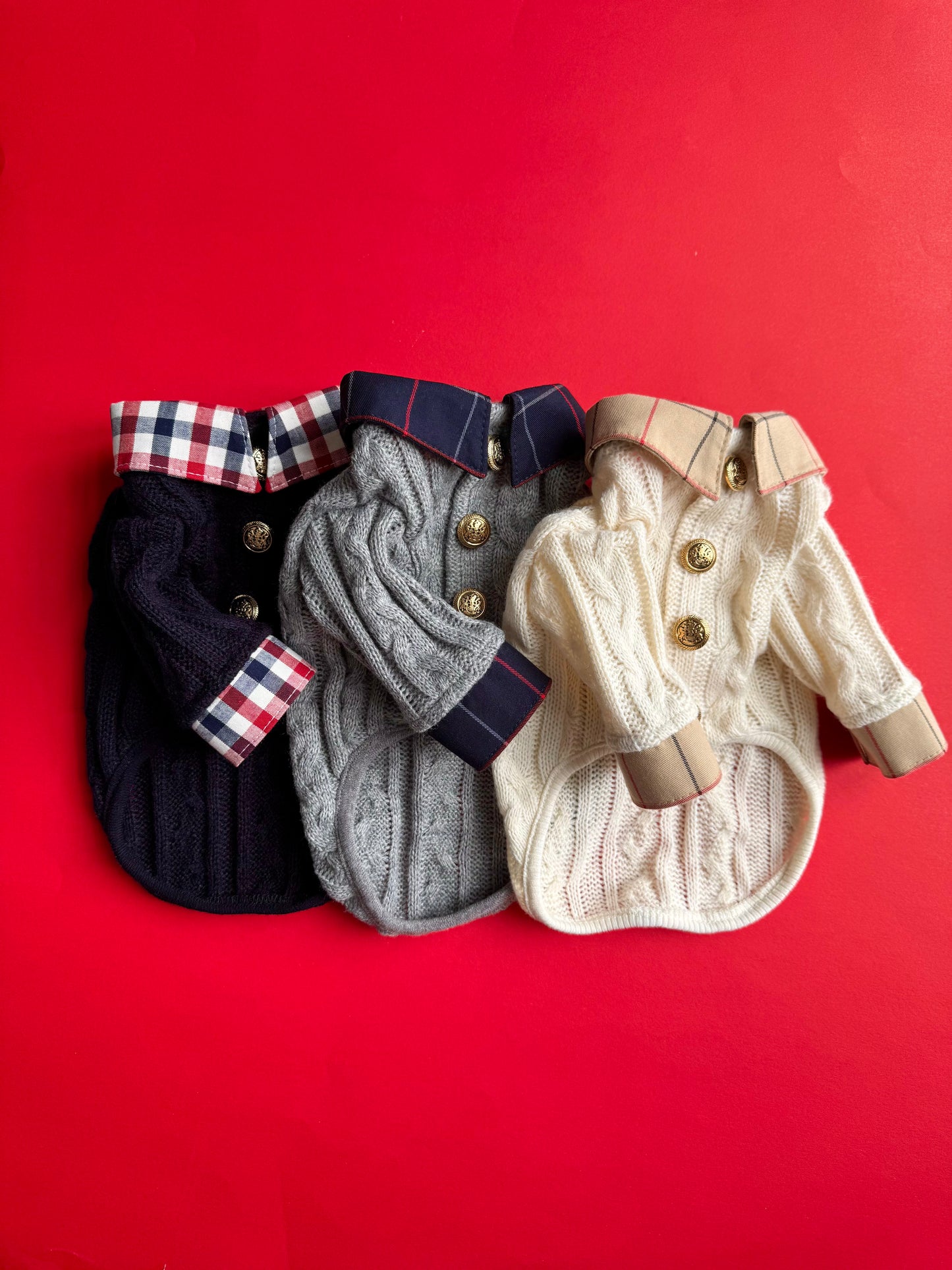 2 in 1 Handmade Cable Knit Dog Sweater with Plaid Collar