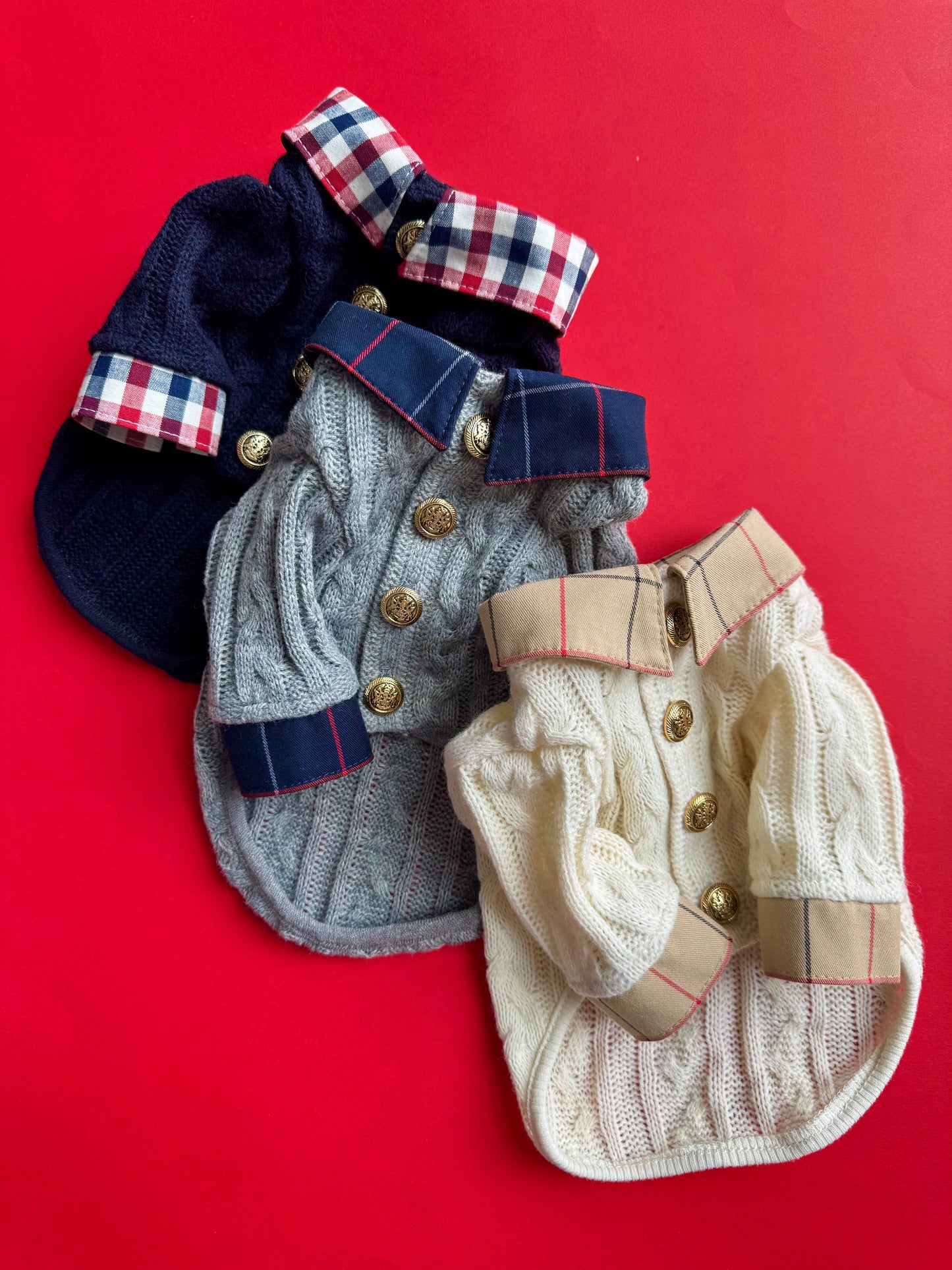 2 in 1 Handmade Cable Knit Dog Sweater with Plaid Collar