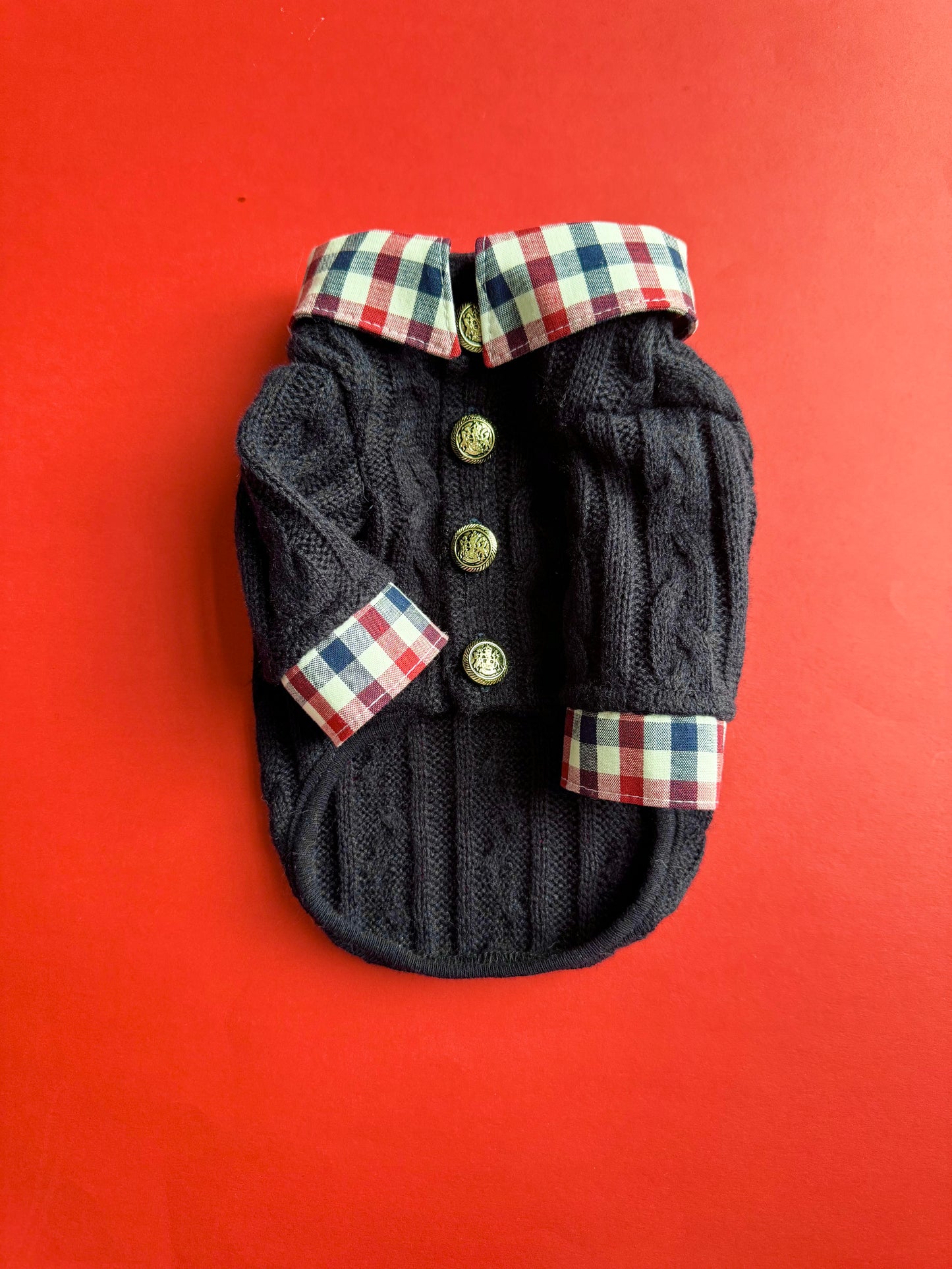 2 in 1 Handmade Cable Knit Dog Sweater with Plaid Collar
