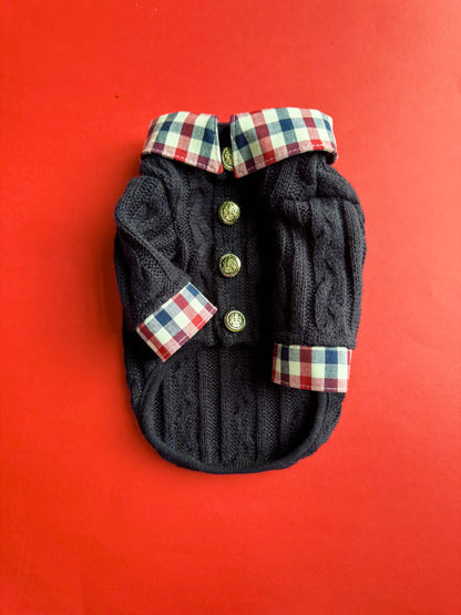 2 in 1 Handmade Cable Knit Dog Sweater with Plaid Collar