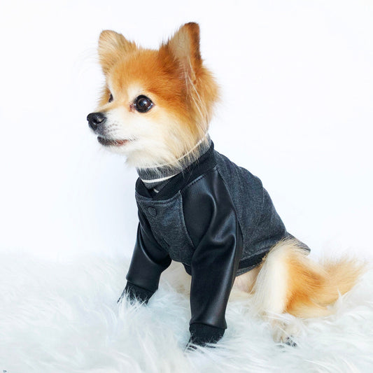 Gray Black Faux Leather Baseball Jacket