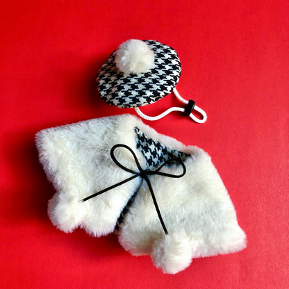 Houndstooth French Beret & reversible Faux Fur Cape Set