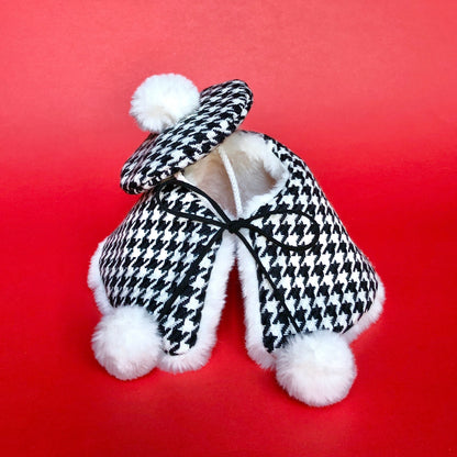 Houndstooth French Beret & reversible Faux Fur Cape Set