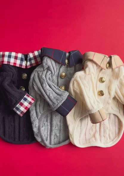 2 in 1 Handmade Cable Knit Dog Sweater with Plaid Collar