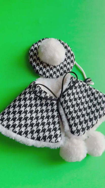 Houndstooth French Beret & reversible Faux Fur Cape Set